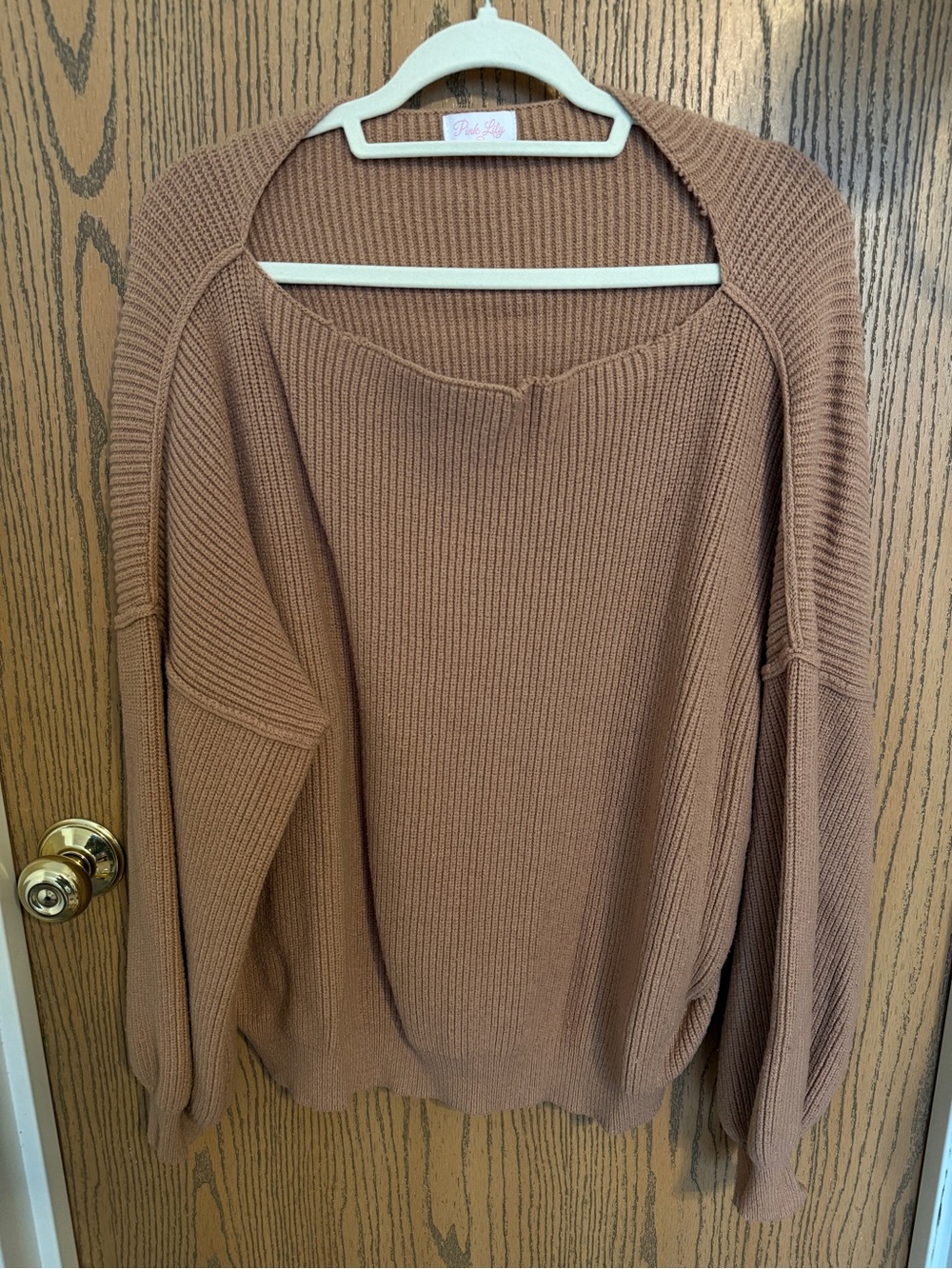 Pink Lily Ribbed Scoop Neck Sweater - Camel Brown
